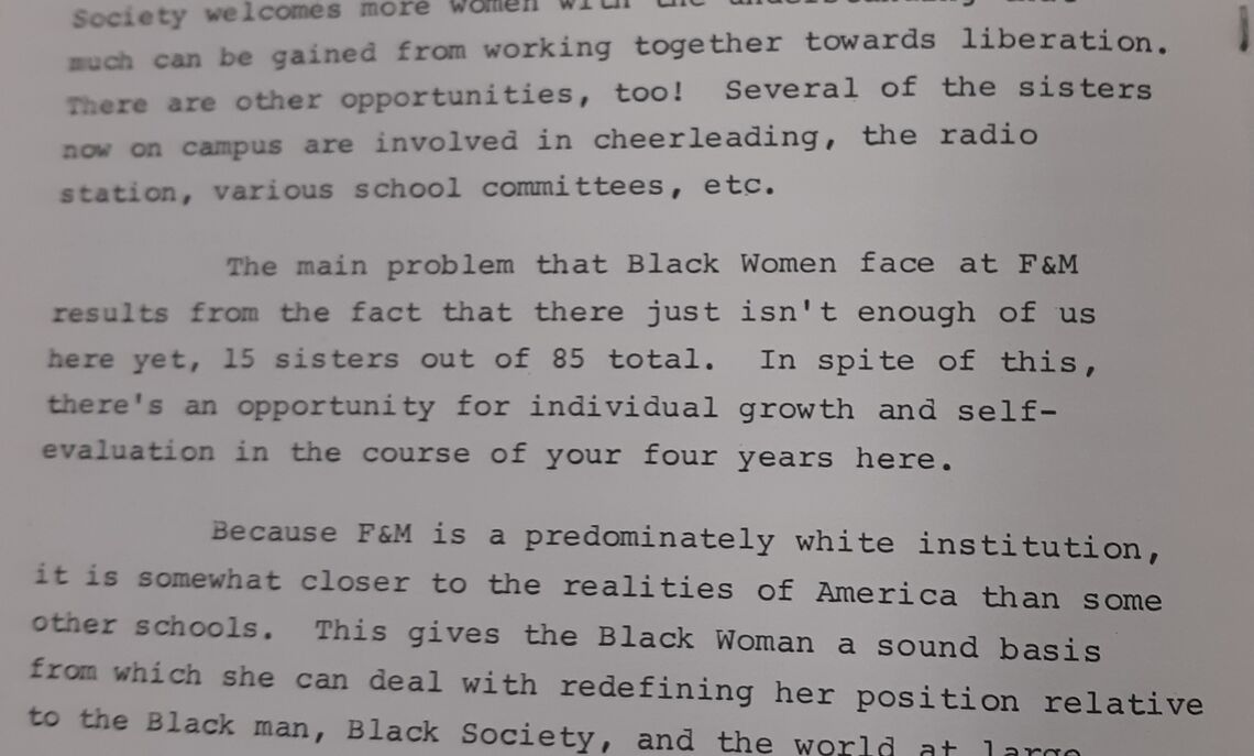 An excerpt from the Afro-American Society's pamphlet that depicted Beverly Nelson Muldrew's '71 (F&M's first Black female graduate) goal for Black women on campus.