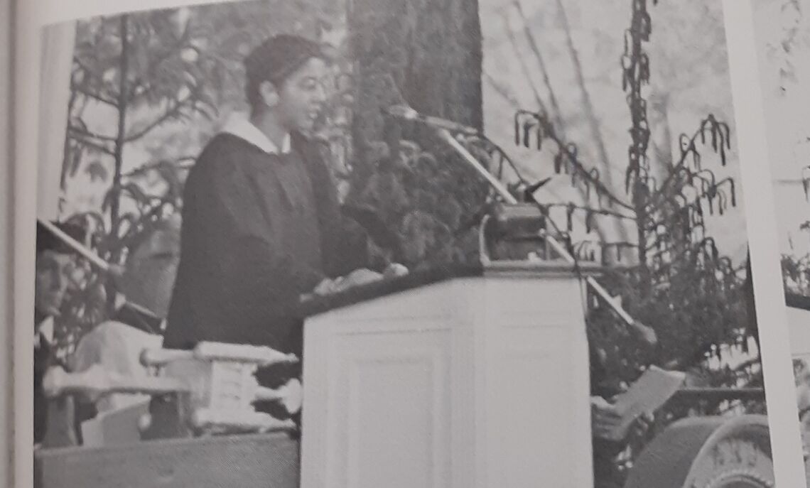 Mizan (Roberta) Kirby-Nunes '73, the only Black woman to graduate that year, speaking at the 1973 commencement ceremony.