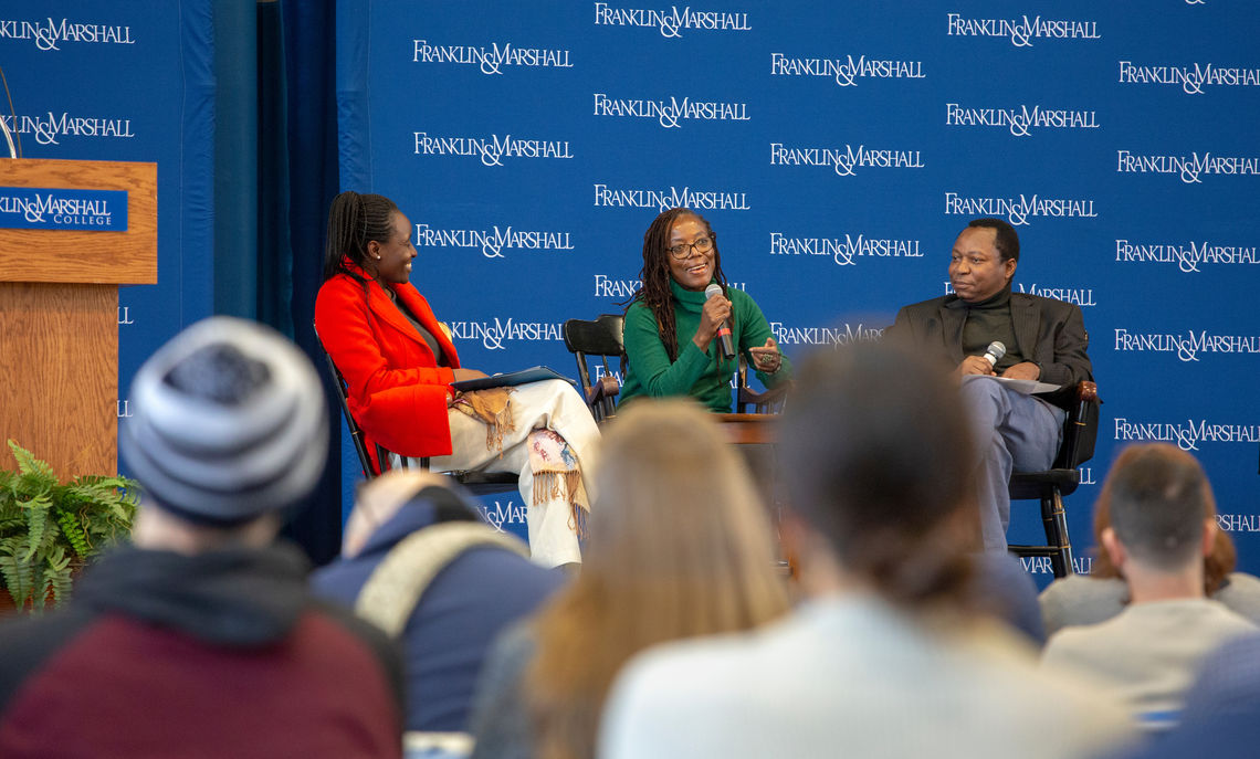 Tsitsi Dangarembga, a Zimbabwean author, filmmaker and activist, was interviewed by Patrick Bernard and Harriet Okatch as part of F&M's weeklong series of events in honor of International Women's Day.