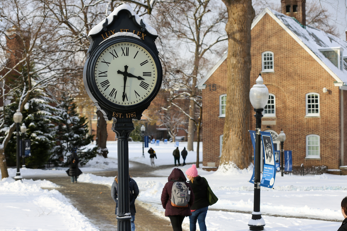 campus in snow, clock