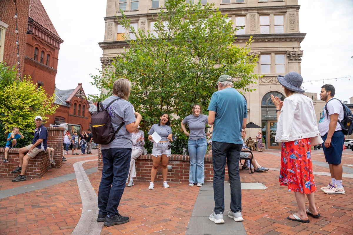 Maria Leon Reyes '23 and Lauren Sphar '23 guide a tour of Lancaster Vice History. A group of students is researching 1900s reform group efforts to curb prostitution, gambling and liquor law violations in downtown Lancaster.