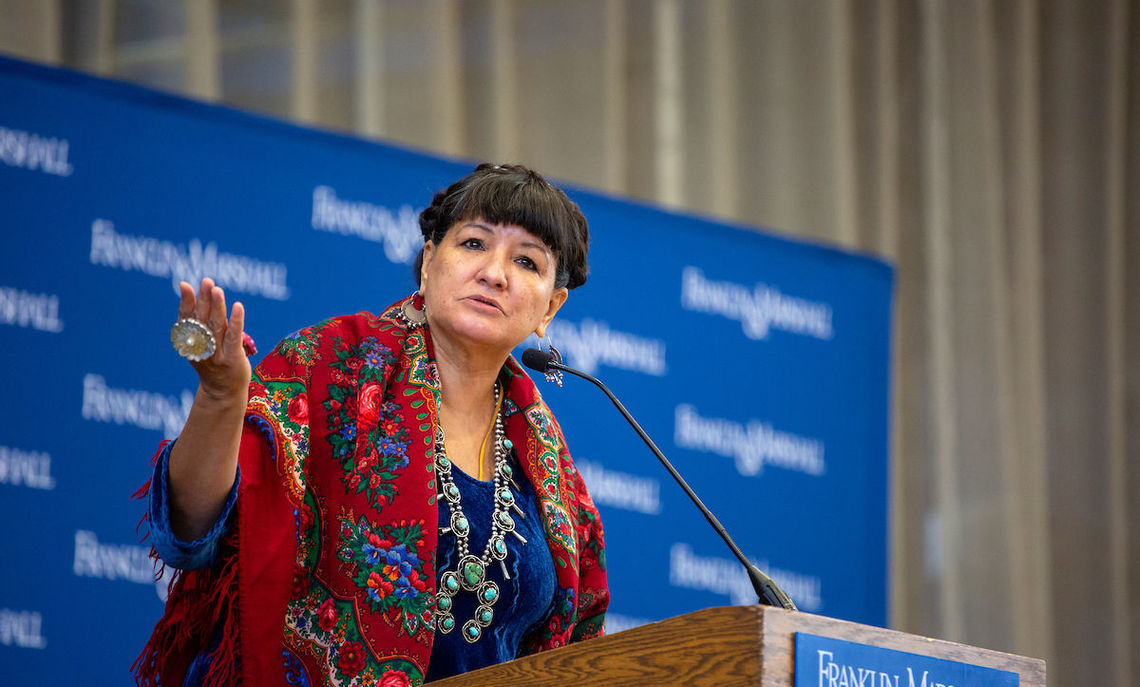 Sandra Cisneros, a dual citizen of the United States and Mexico and a noted author and activist, addresses Franklin & Marshall community during Common Hour. 