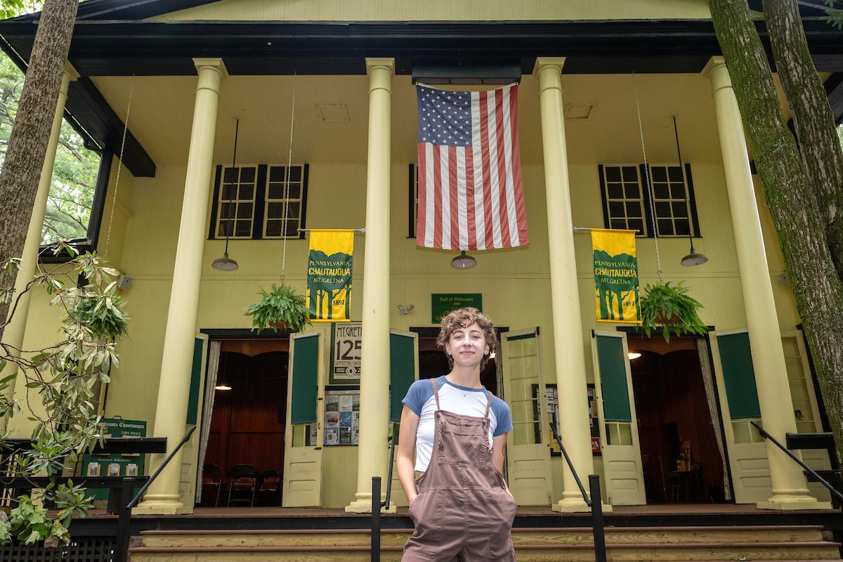 Layla Beyer '27 outside Mount Gretna's historic Hall of Philosophy