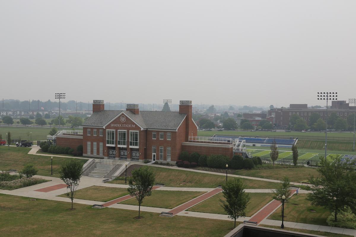 An image taken from atop the Alumni Sports & Fitness Center shows Shadek Stadium enveloped in a smoky haze caused by northern wildfires.