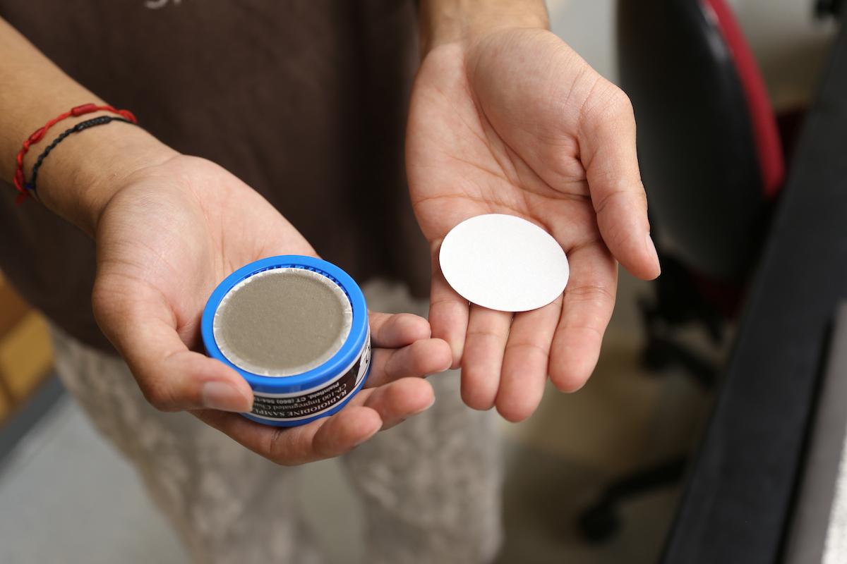 The left glass fiber filter was placed in the campus air sampler for two weeks. The right filter has not yet been placed.
