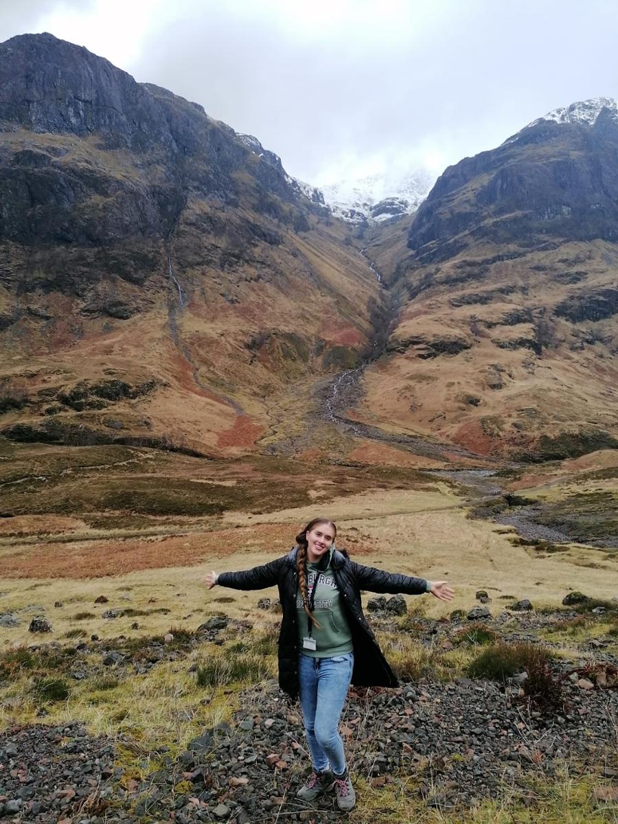 Eleanor Metz '27 visited three mountain ridges, nicknamed the Three Sisters of Glencoe, in the Scottish Highlands, 