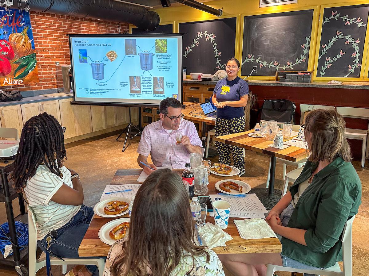 F&M staff evaluate beers brewed as part of F&M’s first-ever Brewing Science course.