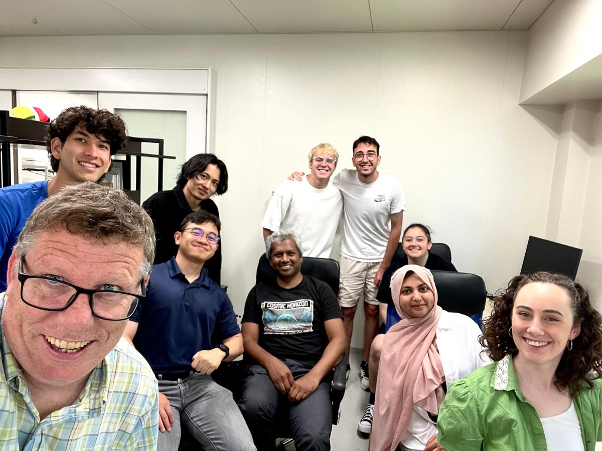 Fronefield Crawford, Charles A. Dana Professor of Physics and Astronomy, with Tai Jespersen '26, Adeon Muyskens '26, Volkan Turan '27, alumna Melanie Ficarra '24, Haunah Thomas '27, and colleagues from Kumamoto University.