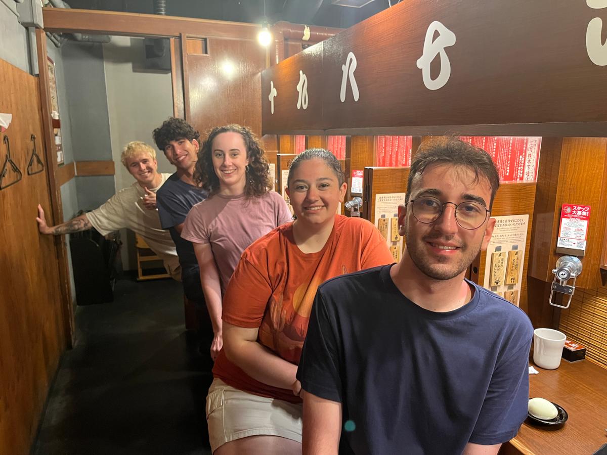 F&M astrophysics students — Adeon Muyskens '26, Tai Jespersen '26, Haunah Thomas '27, alumna Melanie Ficarra '24, and Volkan Turan '27 — spent a fortnight abroad in Japan at Kumamoto University converting classroom theory into hands-on practice.