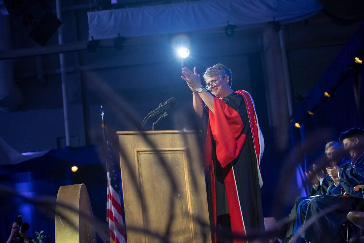Barbara K. Altmann applauds guests at her inauguration as the 16th president of F&M on Oct. 27, 2018. (Photo by Matt Lester)