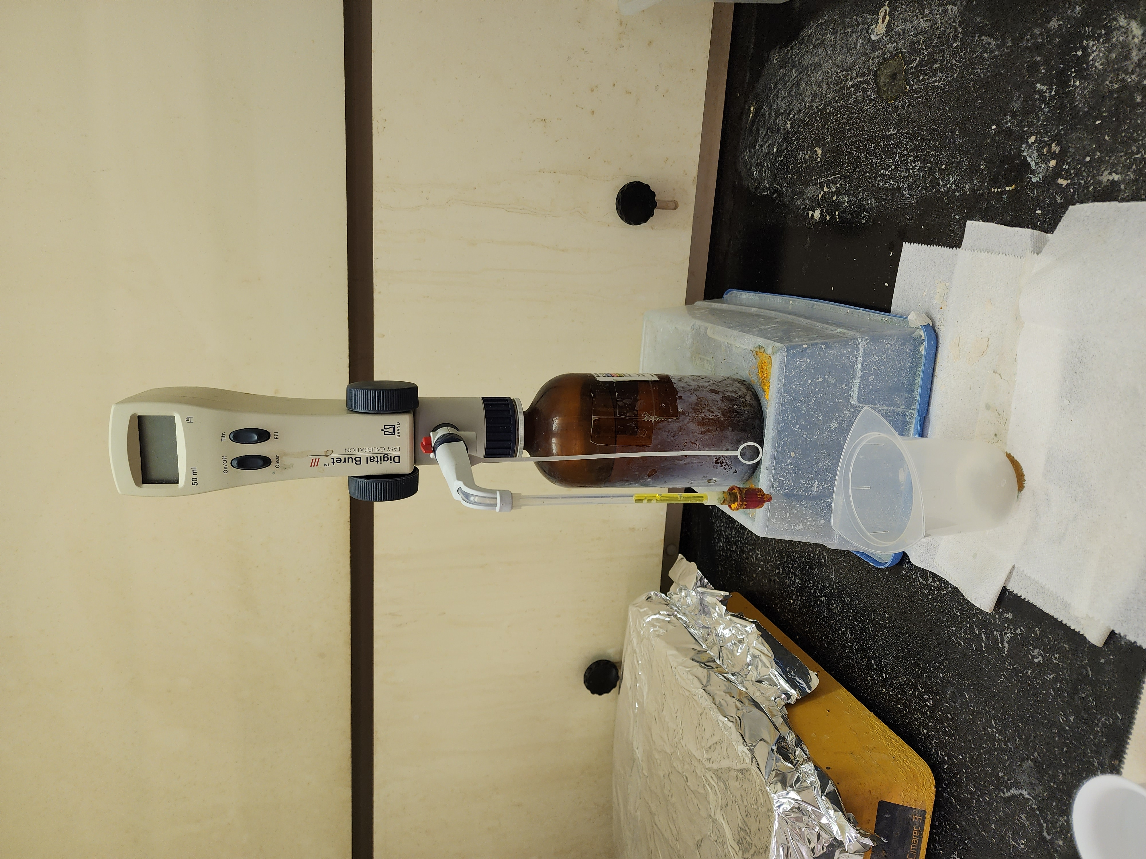 Potassium dichromate titration solution set up ready to be dispensed.