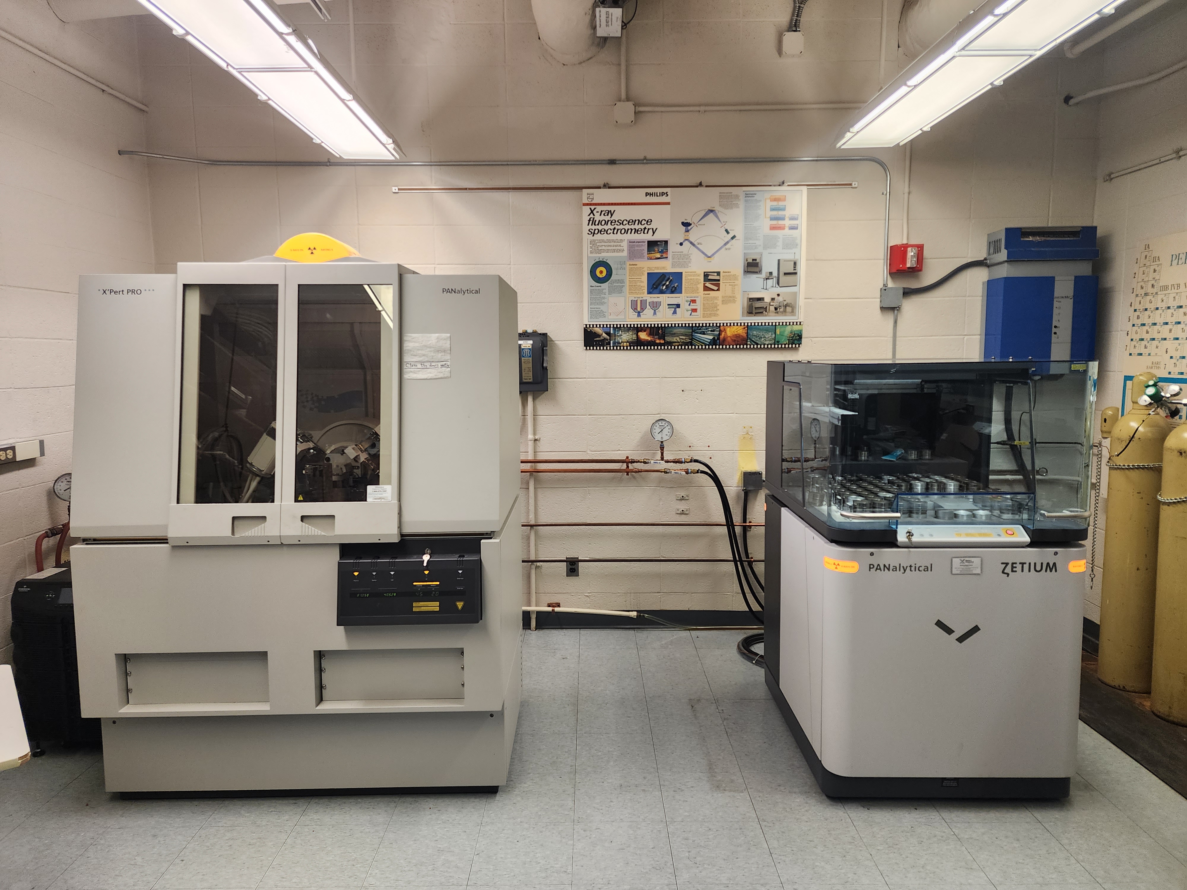 X-ray diffractometer is on the left and X-ray fluorescence spectrometer is on the right.