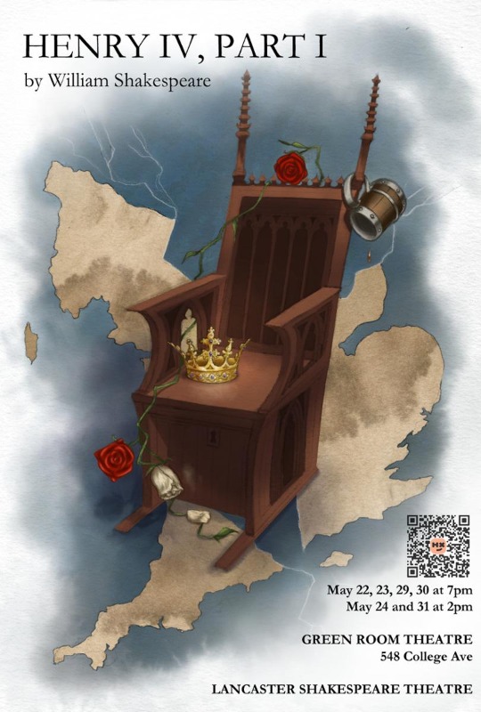 Henry IV, Part I by William Shakespeare. May 22, 23, 29, 30 at 7 pm. May 24 and 31 at 2 pm. Green Room Theatre, 548 College Ave. Lancaster Shakespeare Theatre. Art by Joanna Becker