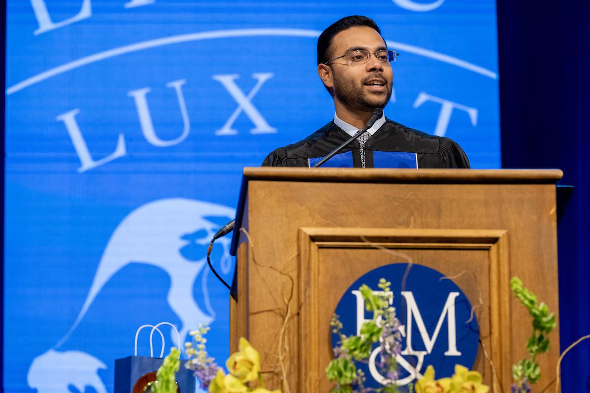 Akbar Hossain ’13, secretary of policy and planning for the Commonwealth of Pennsylvania and a member of F&M’s Board of Trustees, once worked for President Rich at the Truman Foundation. Hossain became F&M’s first recipient of the Truman Scholarship in 2012. (Photo by Deb Grove)