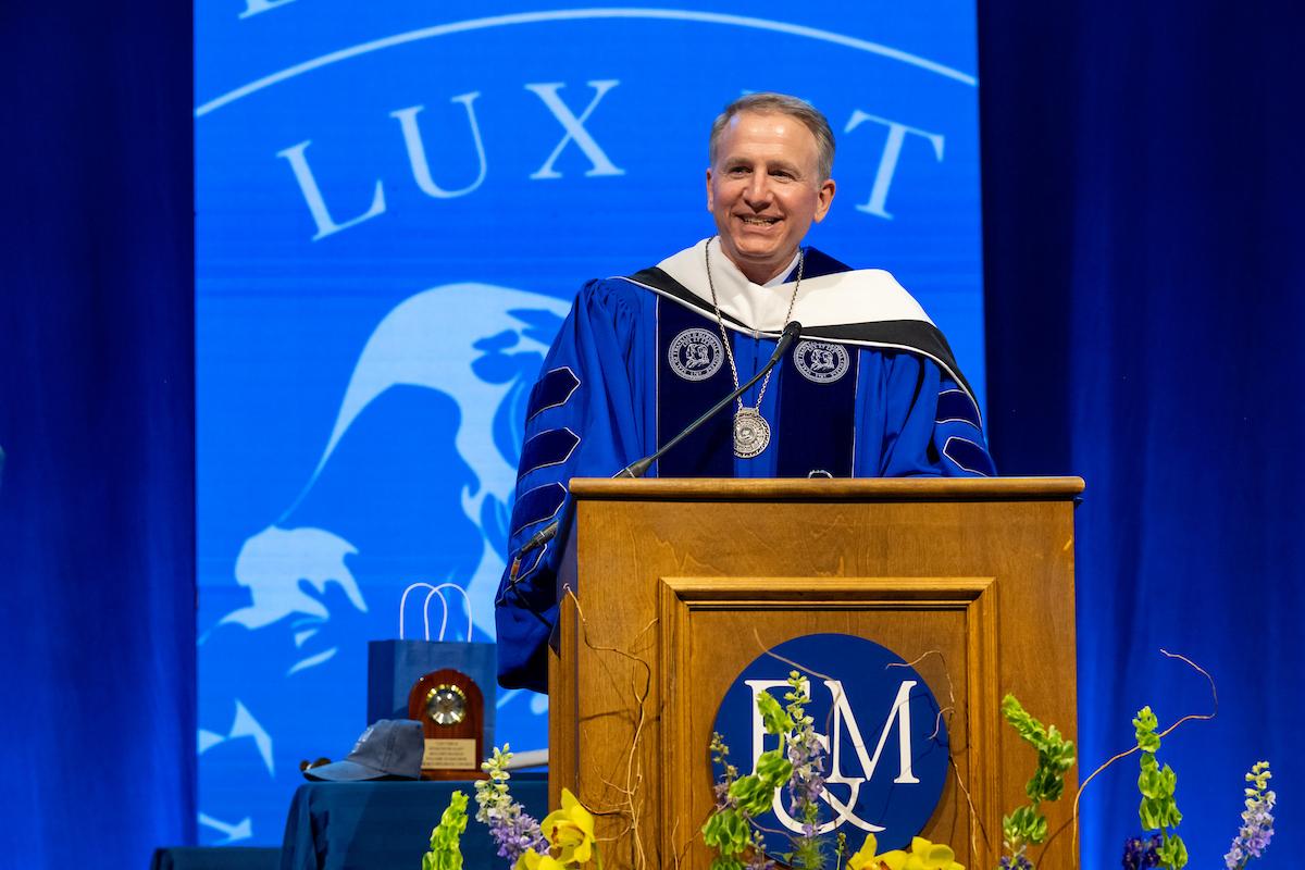 President Andrew Rich addresses ceremony guests while wearing the presidential medallion. (Photo by Deb Grove)