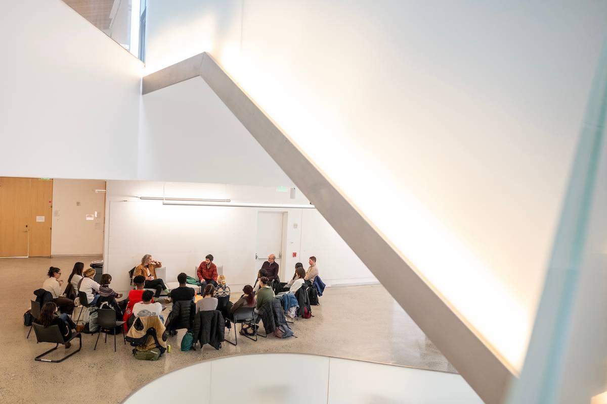 Jesse Hope speaks to film students in the Winter Visual Arts Center