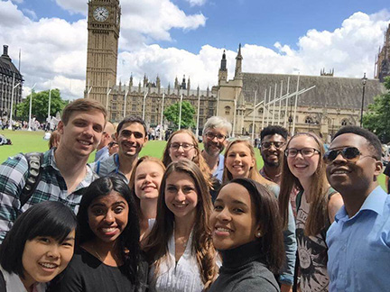 A group of students with Jeff Nesteruk in front of a castle in Europe. 