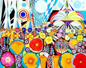 colorful painting of popplies and geometric shapes