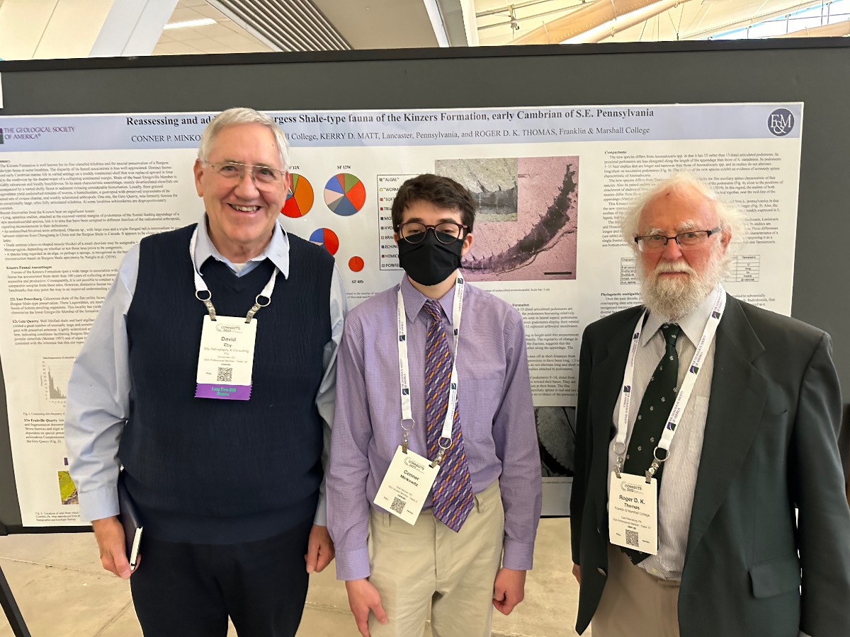 Dave Eby Ph.D. '69, P95, G25, Conner Minkowitz '24, and Roger Thomas, Ph.D., (professor emeritus) at the GSA meeting in Pittsburgh.
