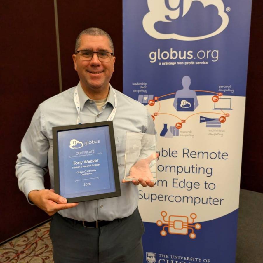 One of the research computing community’s highest honors has been awarded to Franklin & Marshall College's Tony Weaver, who was named the 2026 Globus Community Contributor of the Year at GlobusWorld, the premier annual conference for the research computing and data community. 
