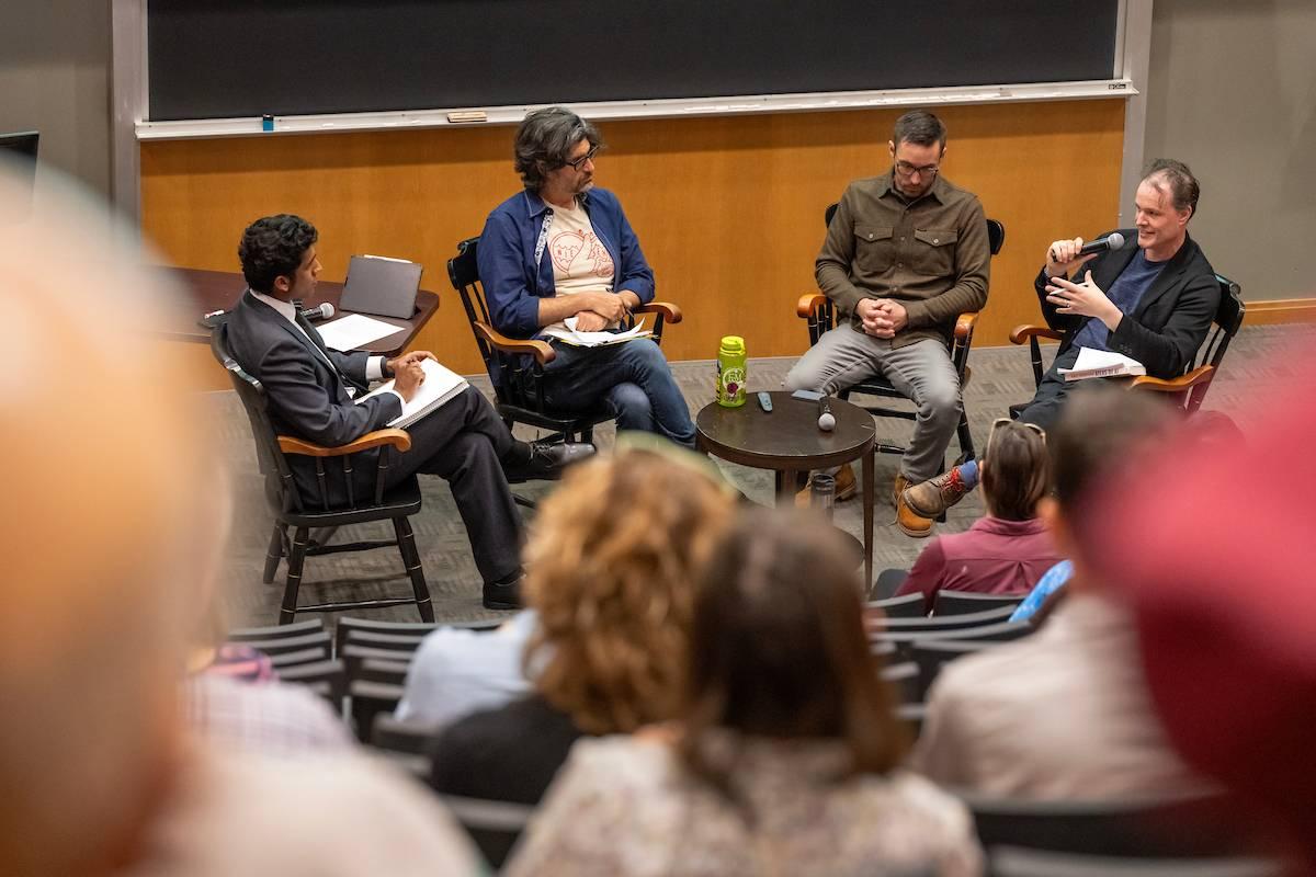 Zaeem Zia '26 (left) organized ‘Green Compute AI,’ a campus-wide conversation around ethical, economic, and policy-driven approaches to help create a more environmentally conscious future for AI. (Photo by Deb Grove)