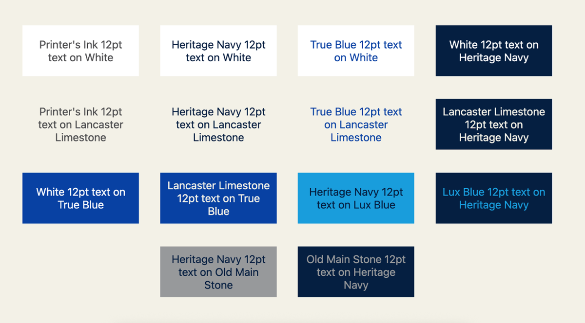 This chart depicts brand color combinations pass the highest standards and can be used for any text size, small or large, as well as icons and buttons.