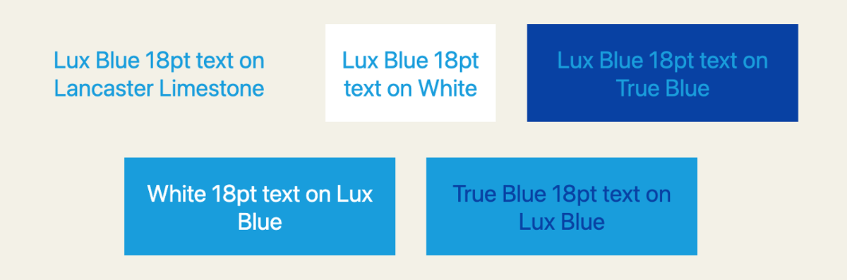 This chart depicts brand colors that have enough contrast for big, bold headings (18pt and larger), but should never be used for long paragraphs or small body text.