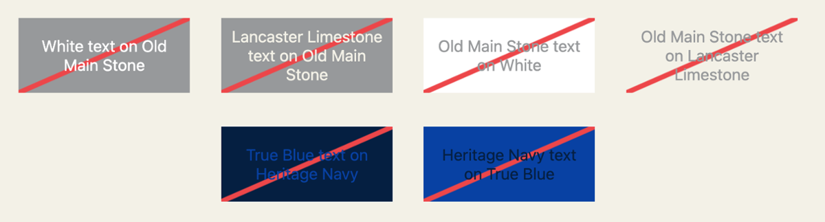 This chart depicts brand color combinations that bleed into each other and make text incredibly difficult to read. Avoid these entirely on screens.