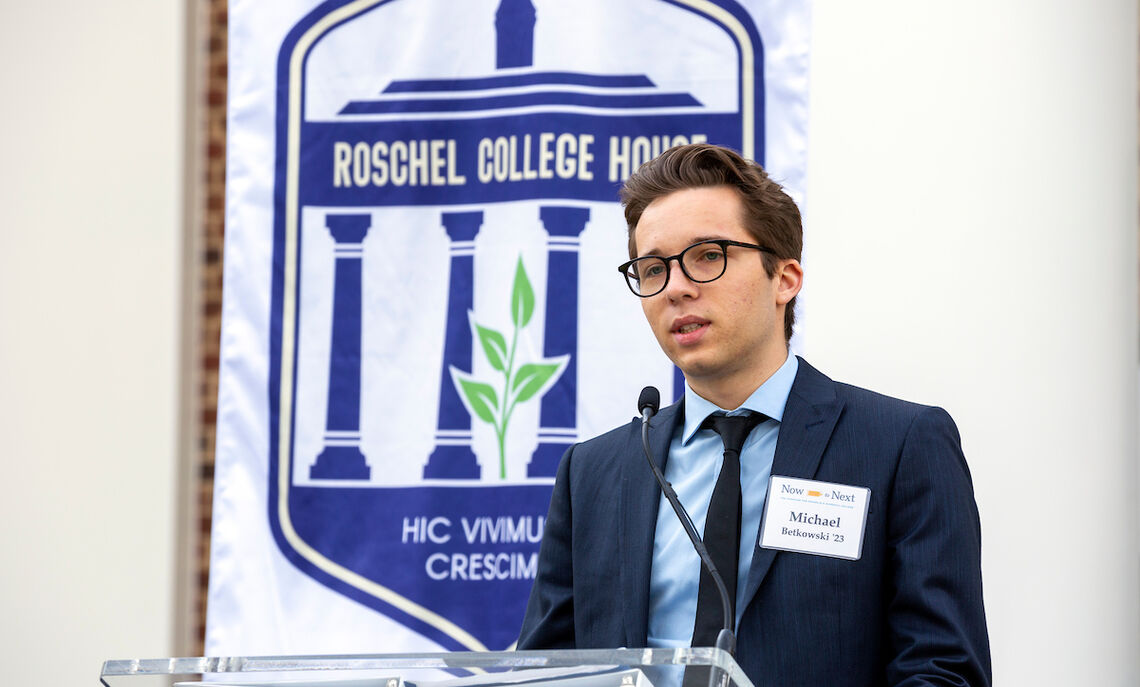 Sophomore Michael Betkowski began his remarks with the College House's Latin motto and says, “Literally, ‘here we live and here we grow’ … nothing could be truer.”