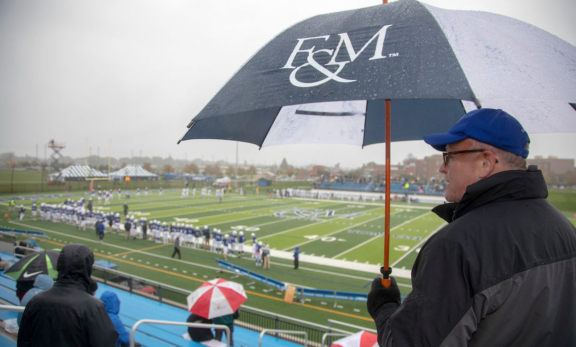 F&M's athletes treated Diplomat fans to a memorable weekendâ€”even as the weather went from bad to worse. The field hockey and volleyball teams clinched the top seeds in their respective conference playoff tournaments with victories over Johns Hopkins, while the football team trounced Moravian in Shadek Stadium. Meanwhile, the women's and men's swimming teams opened their campaigns with victories over Washington on Friday night.