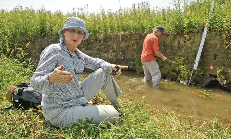 Dorothy Merritts discusses the landscape at Big Spring Run as Robert Walter '75 works in the stream.