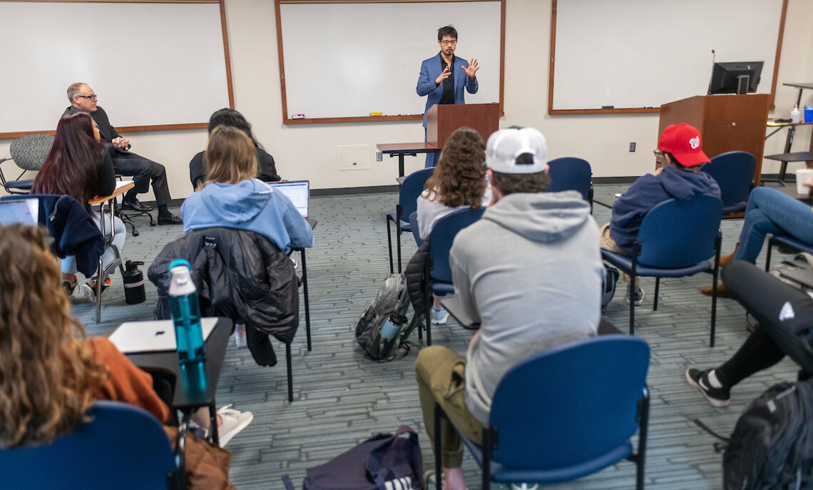 F&M graduate Asawin Suebsaeng '11 speaks to students about his career as senior politics reporter for Rolling Stone.