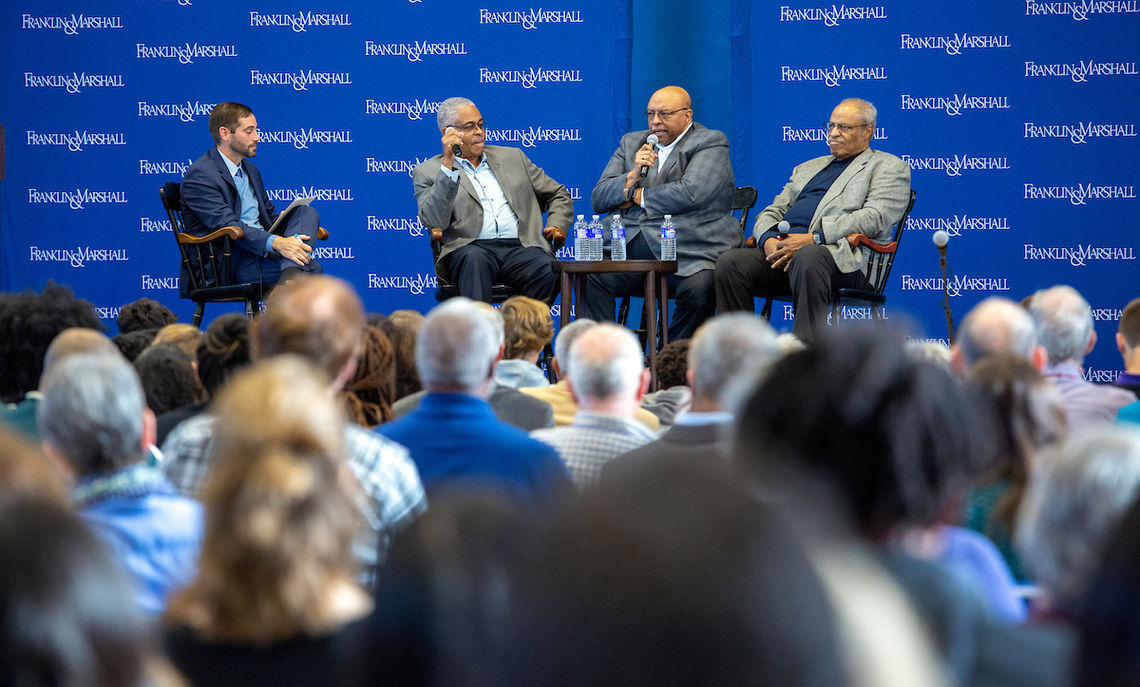 Author Todd Mealy moderates the Common Hour panel discussion on the 1969 Black student protest at Franklin & Marshall College with three of the men involved: Benjamin Bowser 69, Adrian Lamos Jr. 72 and LeRoy Pernell 71.
