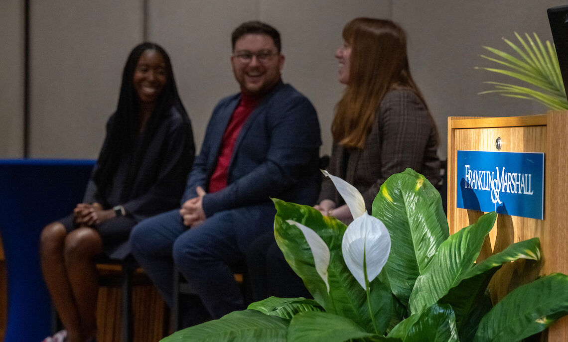 Young alumni panelists Danielle Sang '18, Wyatt Behringer '18 and Emma Corrado '16.