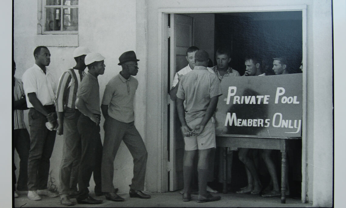 Danny Lyon (American, b. 1942). Demonstrations at an "all-white" swimming pool in Cairo, Illinois, 1962. Gelatin silver print, printed later, 11 x 14." Gift of Dr. and Mrs. Stephen Nicholas.