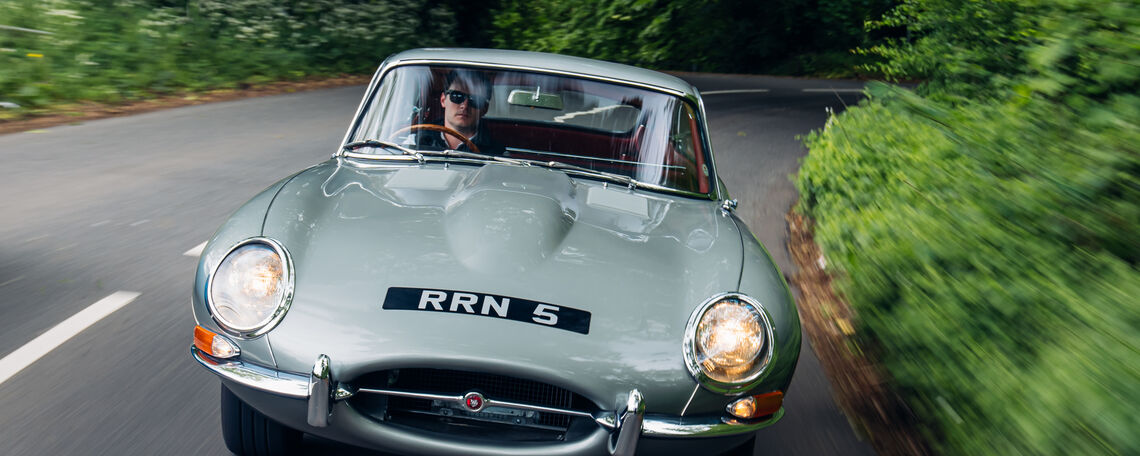 Greg Duckloe '13 at the wheel of a Jaguar E-Type Series 1 3.8-litre Fixed Head Coupe in Hertfordshire, U.K.