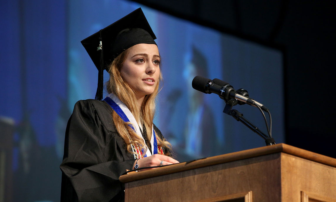 Williamson Medal winner and senior Tekla Iashagashvili addresses her fellow graduates during Commencement May 13. The medal is F&M's highest student award, presented annually to the outstanding senior of the graduating class. The award is named in honor of Henry S. Williamson (1853-1917), a Lancaster businessman, philanthropist and member of the College's Board of Trustees.