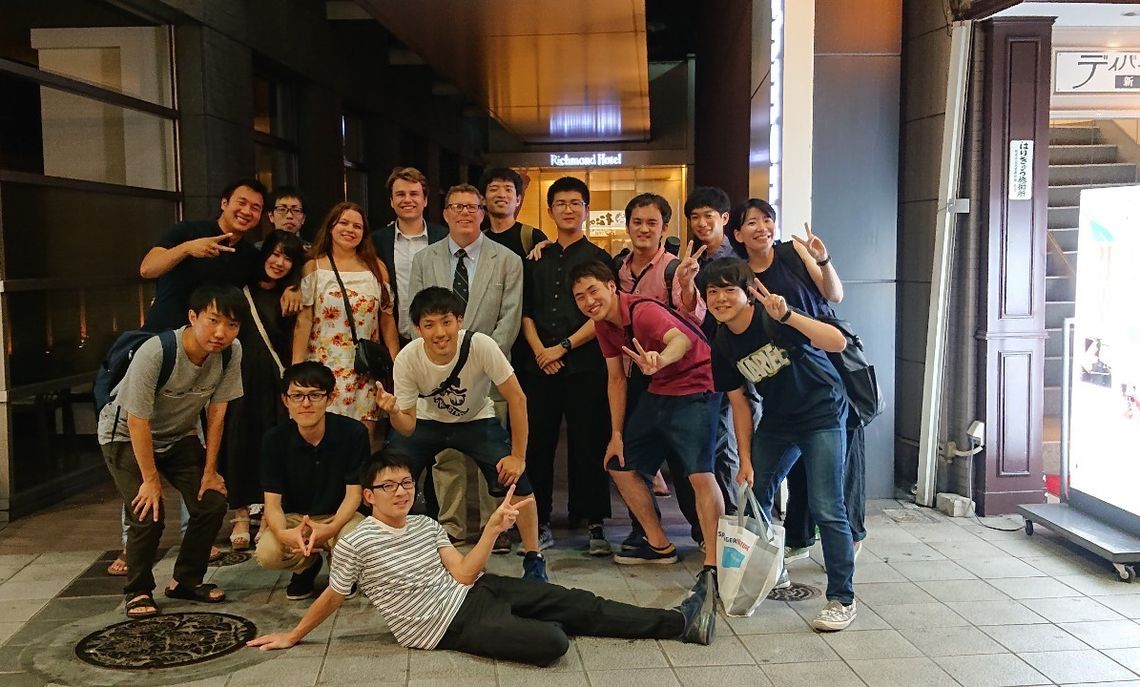 Franklin & Marshall students and Kumamoto graduate students at their last dinner together.