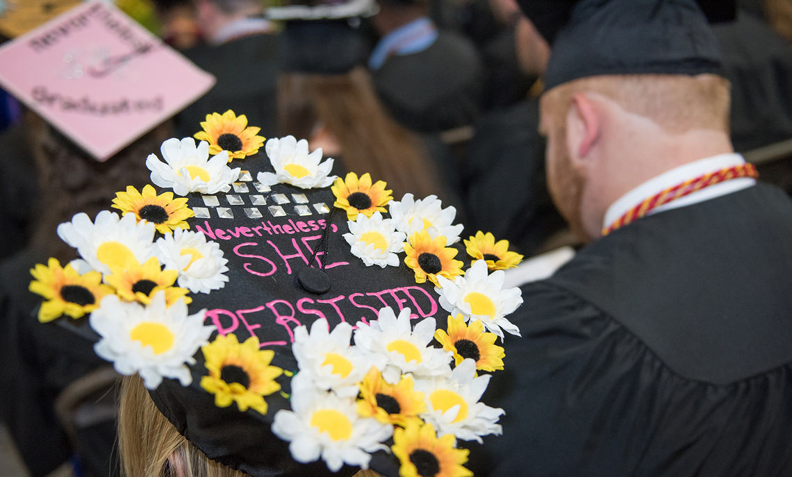 In what has become an annual tradition at Commencement, students put creative touches and inspiring messages on their mortarboards.
