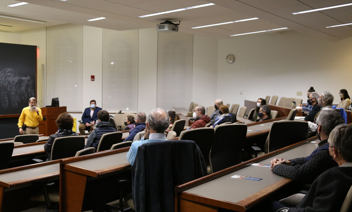 Rabbi Hanan Schlesinger addresses the crowd at Franklin & Marshall College's Bonchek Lecture Hall.