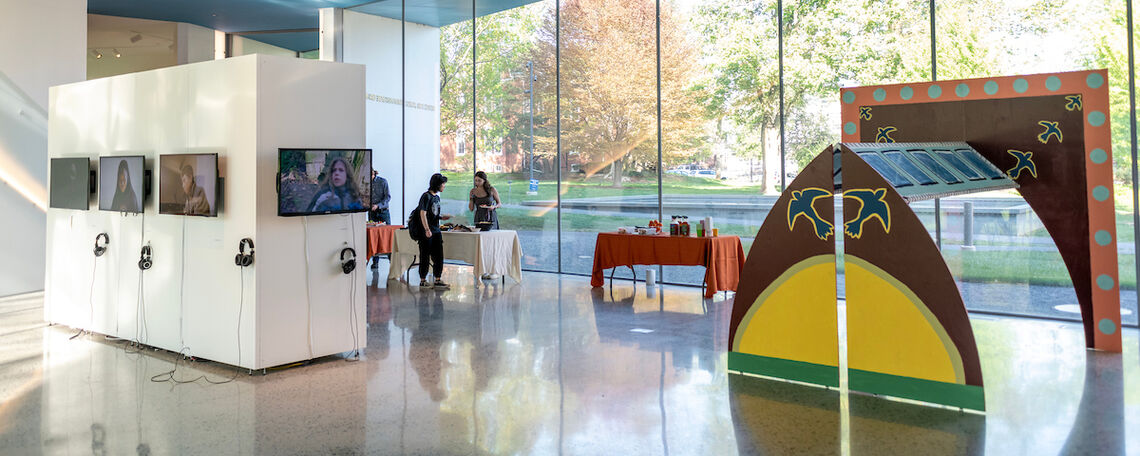 A sculpture by Lauren Proffitt '23 is shown (at right) during the F&M senior capstone reception.
