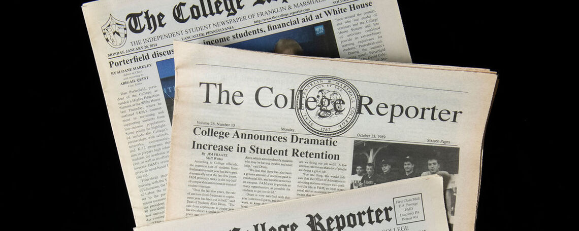 Though the print versions are a thing of the past-The College Reporter became an online publication several years ago-student newspapers have a rich history at F&M. The Student Weekly was created in 1915 with the merger of The F&M Weekly, then the College's primary newspaper, and The College Student, the monthly literary publication of the Diagnothian and Goethean literary societies. The College Reporter originated in 1964 and continues to serve as the independent student newspaper.