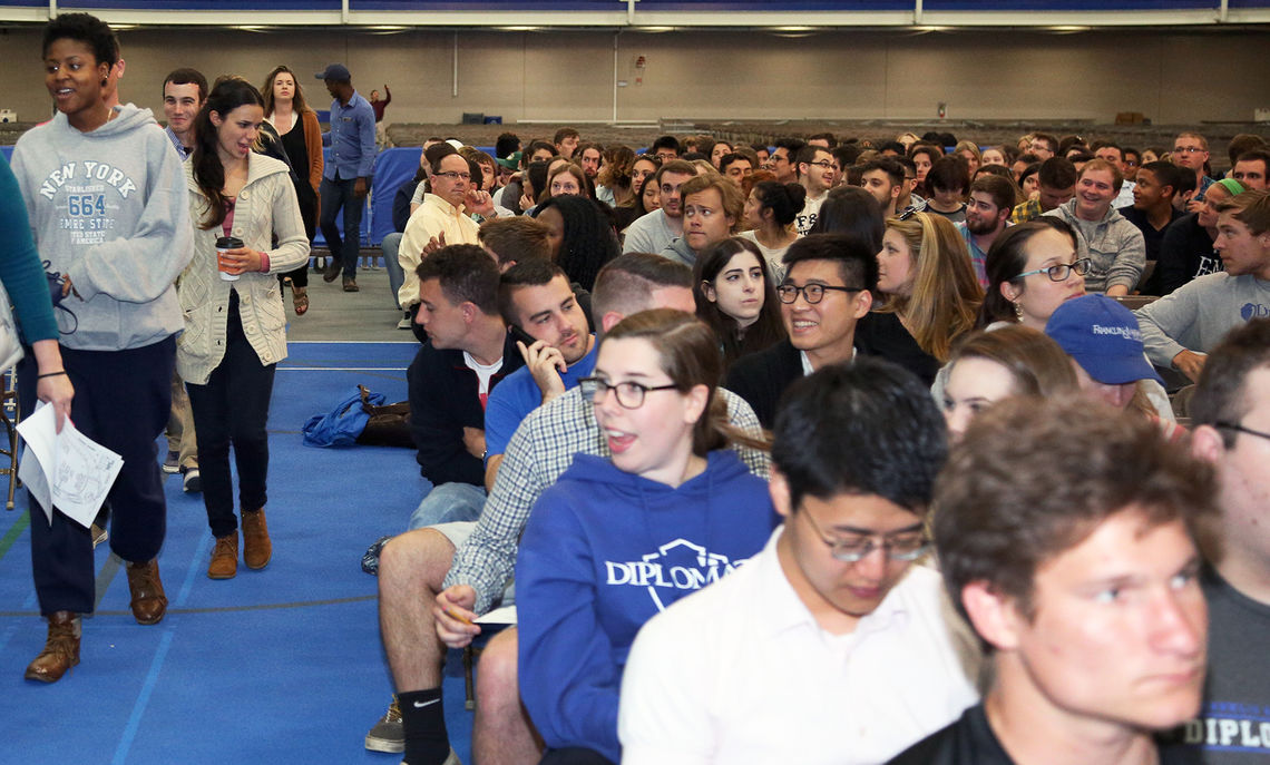 On May 12, the day before Commencement, members of the Class of 2017 gather in F&M's Alumni Sports & Fitness Center to rehearse for their big day.