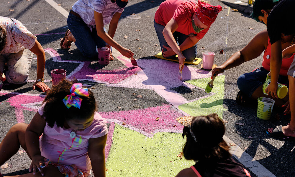 An art installation on Strawberry St. in Lancaster, Pa.. Sarah Sutter '22 assisted with this project through Artful Intersections, an initiative that engages local artists in creating street murals and art installations throughout the city.