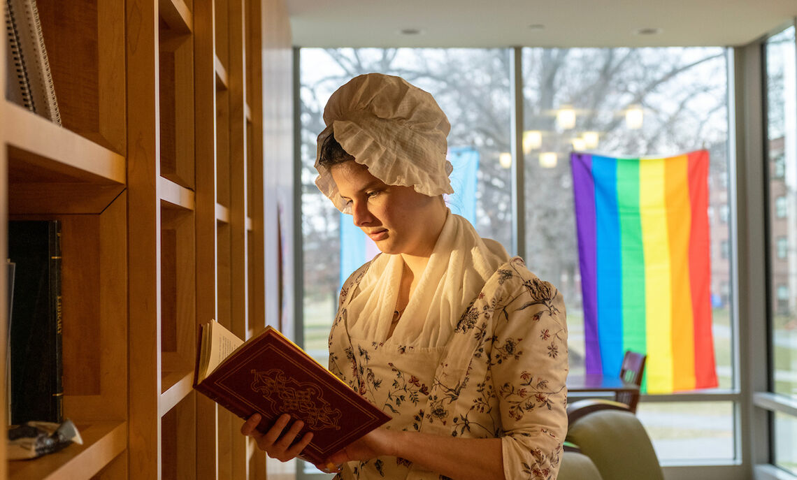 Rachel Sheffield '20, lead interpreter and historic clothing coordinator at First State Heritage Park in Dover, Del., presented her designs to students in Brooks College House.