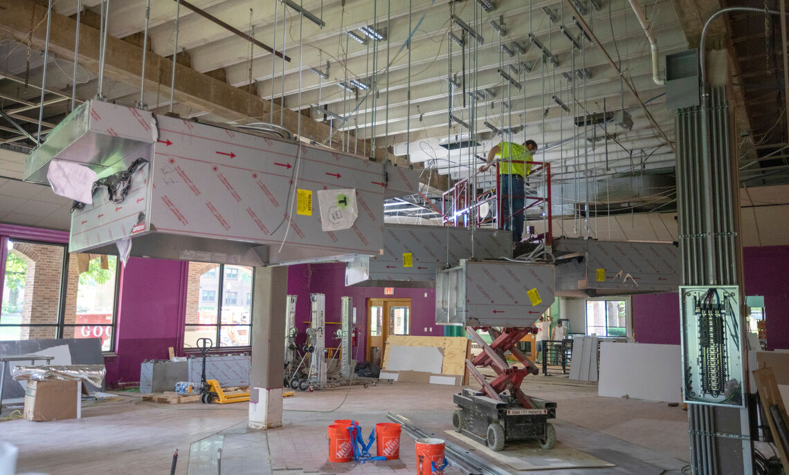 The skeleton of the new dining hall space takes shape in July.