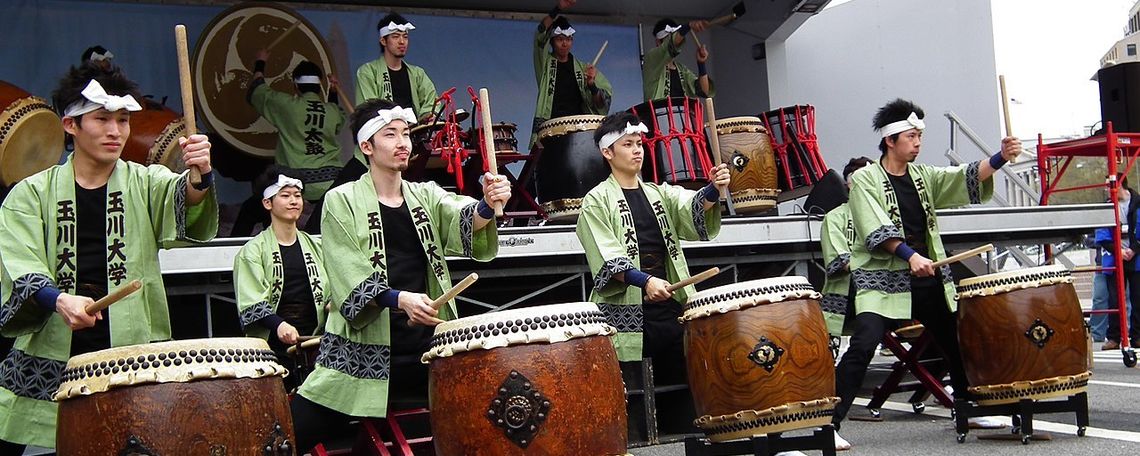 Drumers of the Tamagawa University dance and taiko group.
