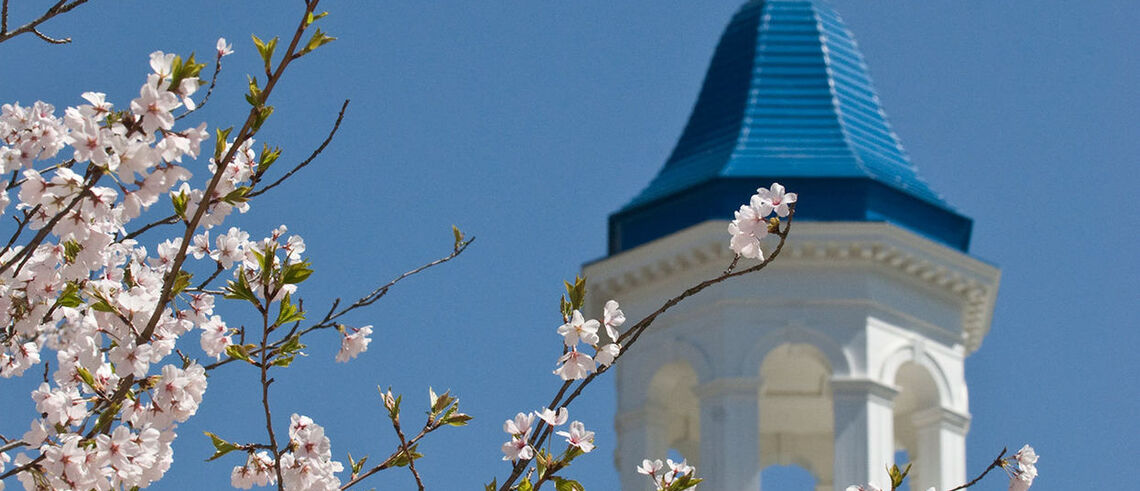 Barshinger cupola in background of spring flowers