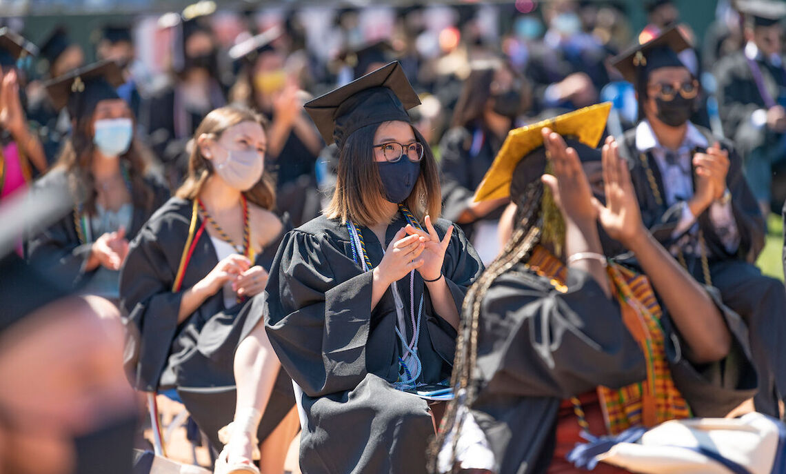 Members of the Class of 2021 celebrate during F&M Commencement held May 15 at Lancaster Clipper Stadium. F&M alumnus James “Jim” Stengel delivered a refreshing dose of philosophy to Class of 2021 graduates saying, "The world needs diplomats like never before."