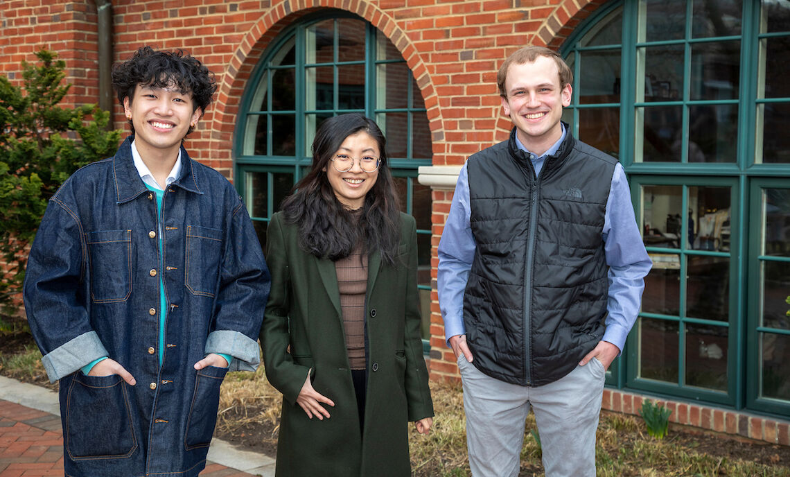 Novelist Weike Wang (center) selected Jeremy Mauser '22 (right) as the winner of this year’s Jerome Irving Bank Memorial Short Story Prize. Runner-up honors went to Vincent (Minh) Pham '25 (left).